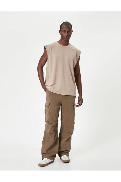 Koton 4sam30005mk 050 Beiges ärmelloses T-Shirt aus Baumwolljersey für Herren