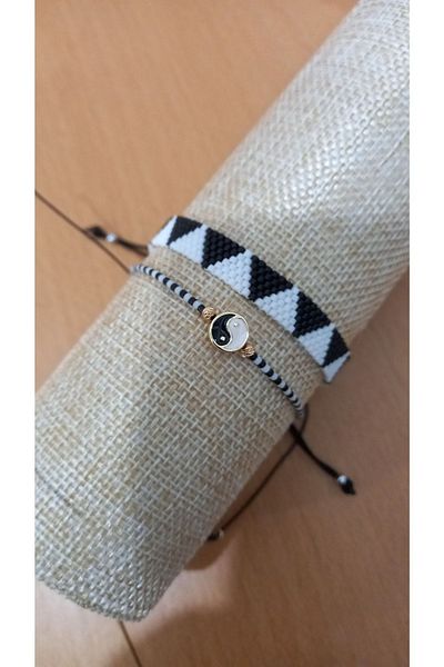 Atolye Ferda Black and White Miyuki Stringed and Knitted Bracelet Set