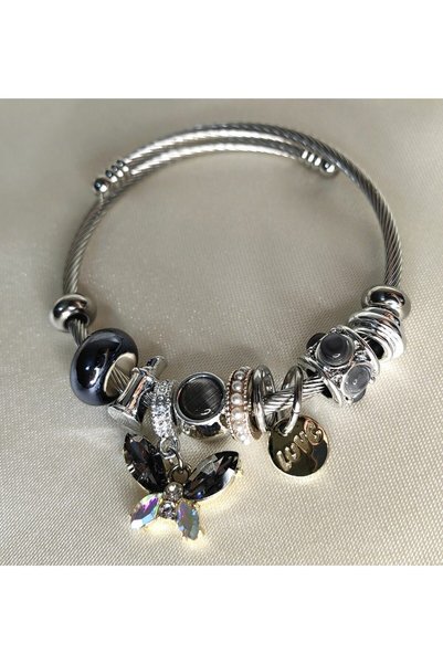 ARYA DESİGN Steel Bracelet with Butterfly and Love Charm