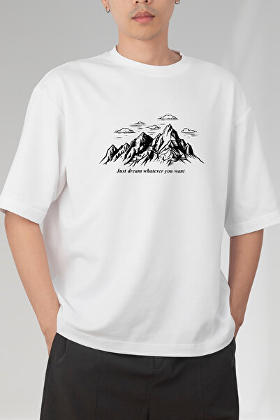 FANA Men's Slogan Mountain Printed Just Dream Cotton T-Shirt Oversize T-Shirt