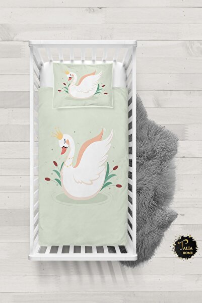 Talia Home Yeşil Kuğu Desenli Bebek Nevresim Takımı Çarşaflı TLABN-221