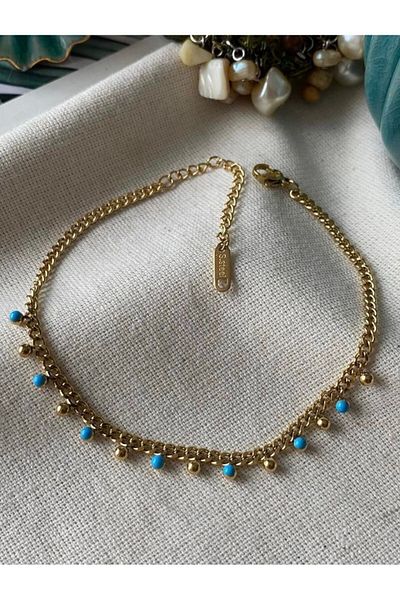 SU PERİSİ TAKI BİJUTERİ Steel Gold Blue Enameled Bead Anklet
