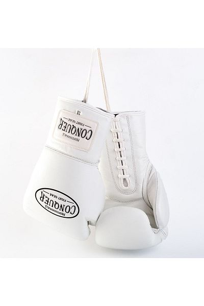 Conquer Pro Fight Premium White White Laced Boxing Gloves Leather