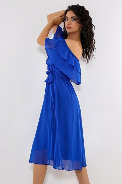 Bersi Butik Kadın Carmen Yaka Saks Mavisi Şifon Elbise