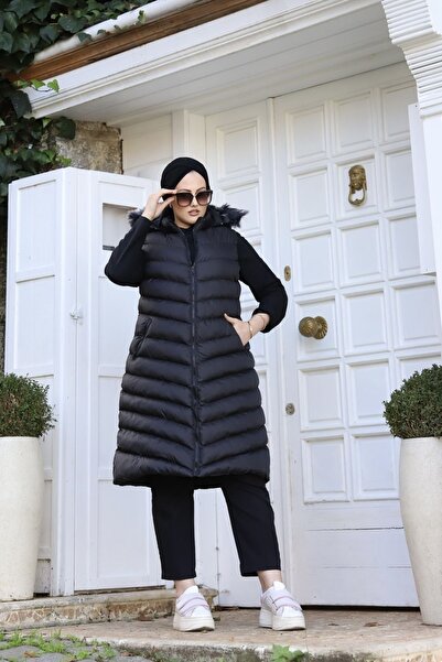 ECALAMODE Kadın Uzun Çıkarılabilir Kapüşonlu Su Geçirmez Büyük Beden Dolum Şişme Yelek