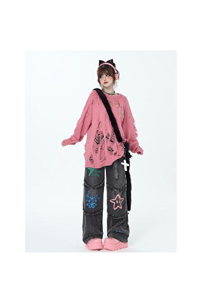 Touz Moda Magas derekú vintage farmernadrág - aranyos grafikai nyomat, fekete szürke öv