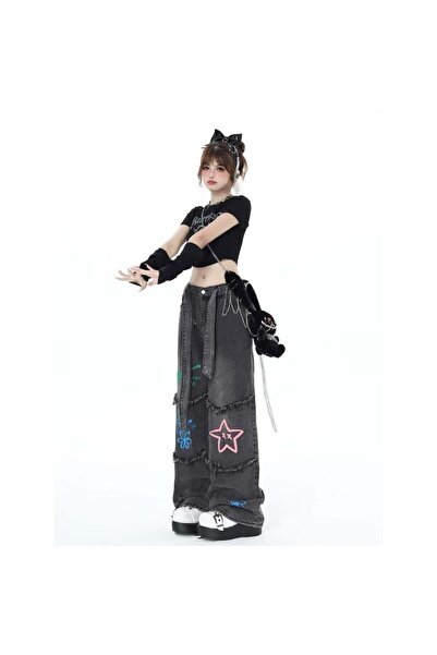 Touz Moda Magas derekú vintage farmernadrág - aranyos grafikai nyomat, fekete szürke öv