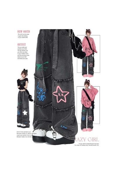 Touz Moda High Waist Vintage Jeans - Cute Graphic Print, Black GraY Belt