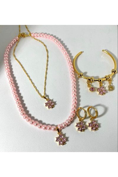 soiestore مجموعة مجوهرات الزركون البرسيم (الوردي الزجاج اللؤلؤ قلادة سوار القرط سلسلة قلادة)