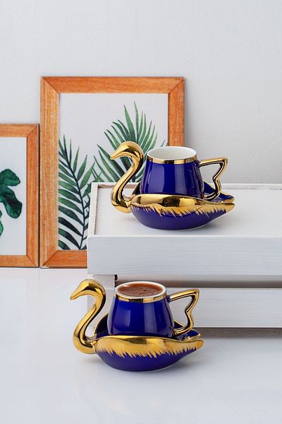 Porsima 2 Person Porcelain Gilded Swan Cup Set-4 Piece Turkish Coffee Cup Set Navy Blue