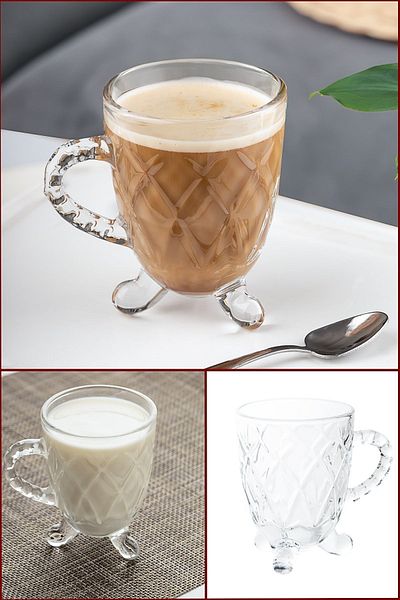 Porsima 15720 Bead Patterned 4-Piece Glass Cup with Footed Handle - Tea Coffee Cup with Handle - 200 Cc