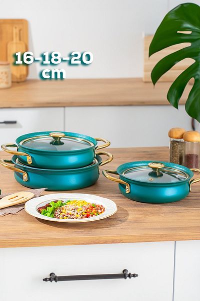 OMS 3724 Copper Stew and Sauce Set - Set of 3 with Fireproof and Non-Stick Granite Glass Lid