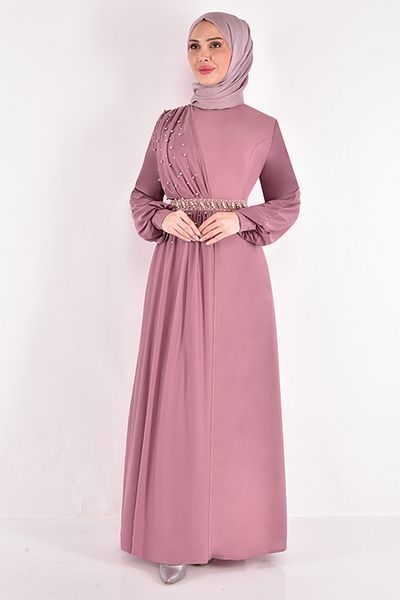 ModaMerve Chiffon Detail Evening Dress Dried Rose Asm2448