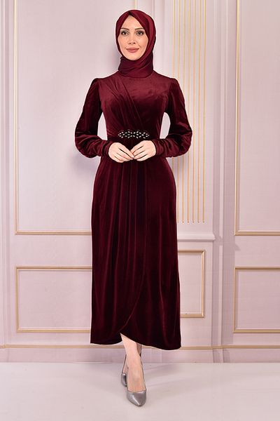 ModaMerve Velvet Dress Claret Red Asm2533