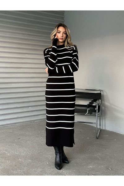 MAXXANA Rochie tricotată cu dungi cu mânecă lungă - Detaliu cu fantă