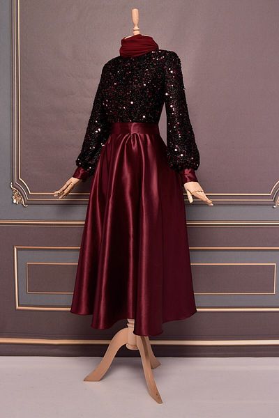 ModaMerve Burgundy Satin Evening Dress - Belted, Asm2537 Model