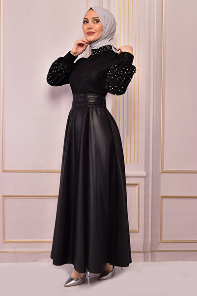 ModaMerve Black Evening Dress - Pearl Detailed, Asm2483 Model