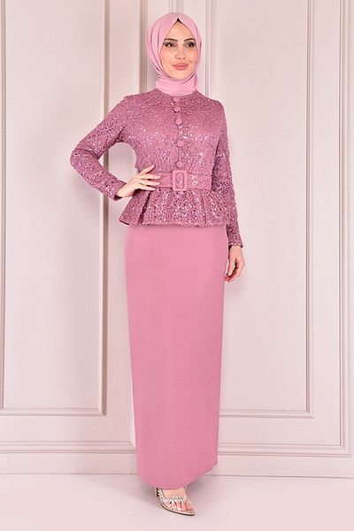 ModaMerve Belted Evening Dress Dried Rose Asm2175