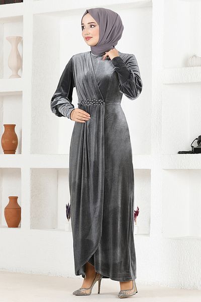 ModaMerve Βελούδινο Φόρεμα Anthracite Μοντέλο ASM2533