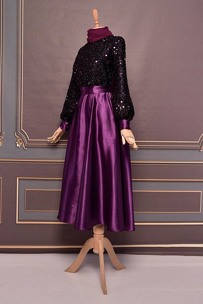 ModaMerve Belted Satin Evening Dress Purple Asm2537
