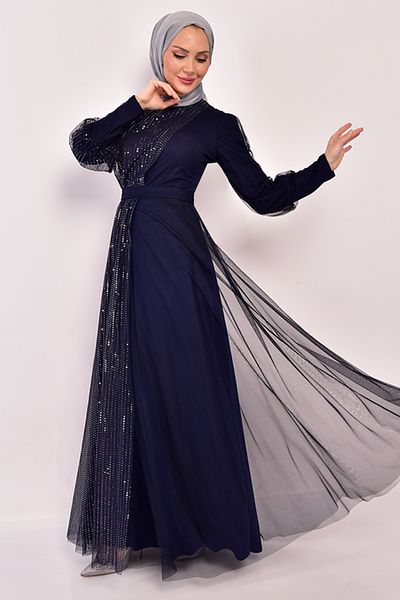 ModaMerve Βραδινό φόρεμα από τούλι Navy Blue Asm2457