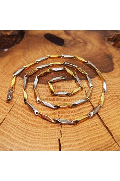 OSMANLI GÜMÜŞ Erkek Çelik Kolye - Grek Desenli Sarı Beyaz İnce Kibar Zincir Erkek Kolye