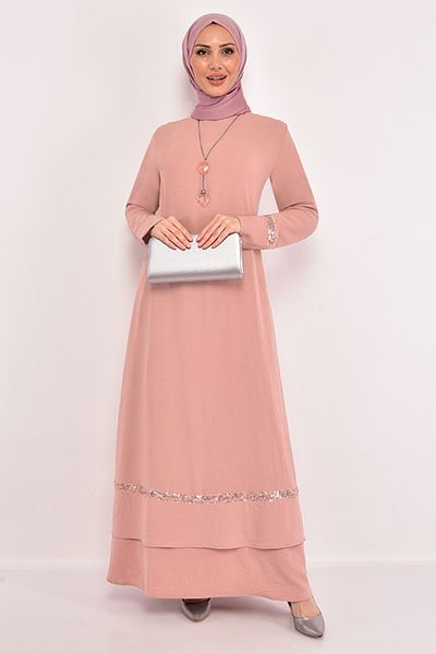 ModaMerve Sequin Ferace Dress Powder ASM2579