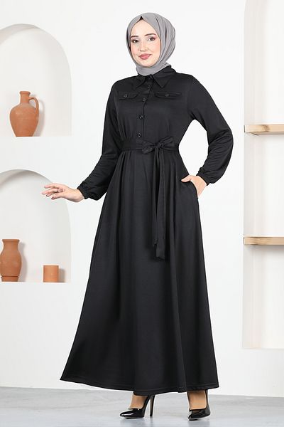 ModaMerve Belted Dress MSL1147 Black
