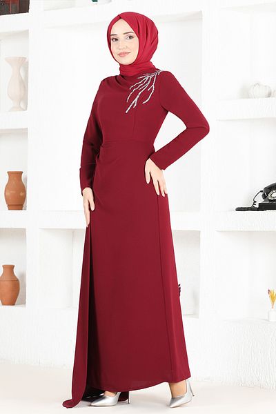 ModaMerve Burgundy Stone Evening Dress - End5561 Model