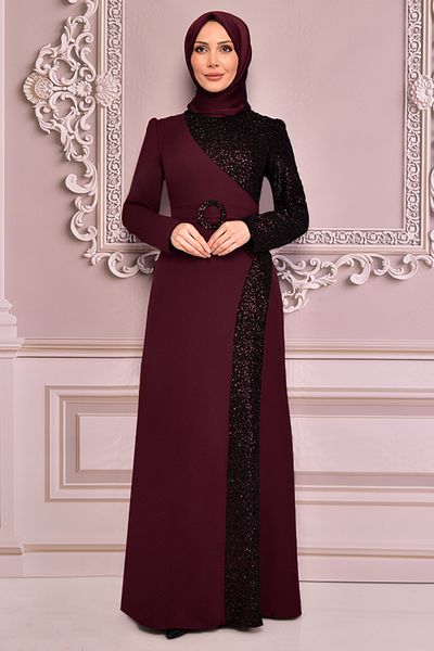 ModaMerve Burgundy Sequin Evening Dress - Asm2524 Model