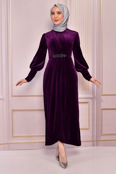 ModaMerve Velvet Dress Plum Asm2533