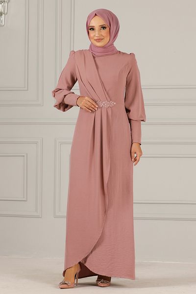 ModaMerve Stone Detail Evening Dress Dark Powder ASM2569