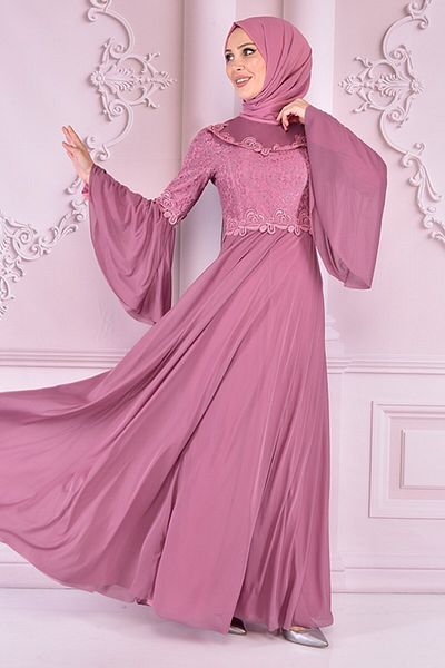 ModaMerve Βραδινό φόρεμα σιφόν με δαντέλα Dusty Rose Asm2452
