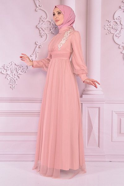ModaMerve Tulle Evening Dress Powder Asm2436