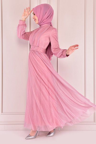 ModaMerve Glitter Pearl Detailed Powder Evening Dress - Asm2475