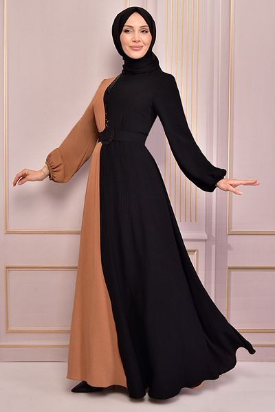 ModaMerve Tan Belted Dress - Asm2549