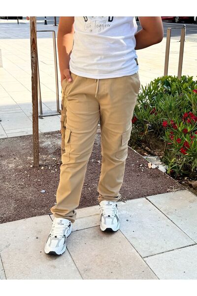 YAKAMEL Unisex KREM Canvas Beli Lastikli KARGO CEPLİ Okul Pantolonu