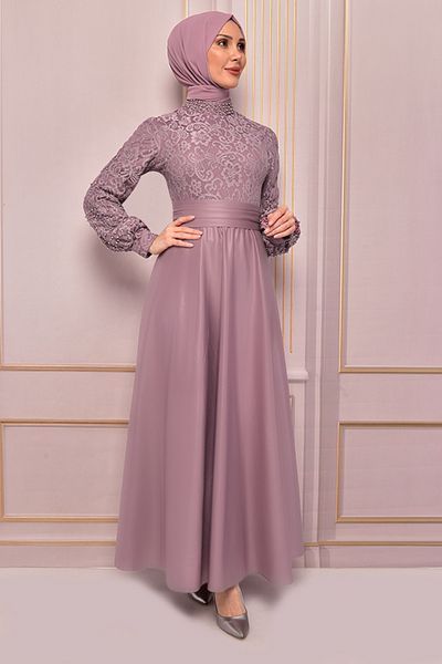 ModaMerve Dried Rose Pearl Detailed Evening Dress - Asm2483