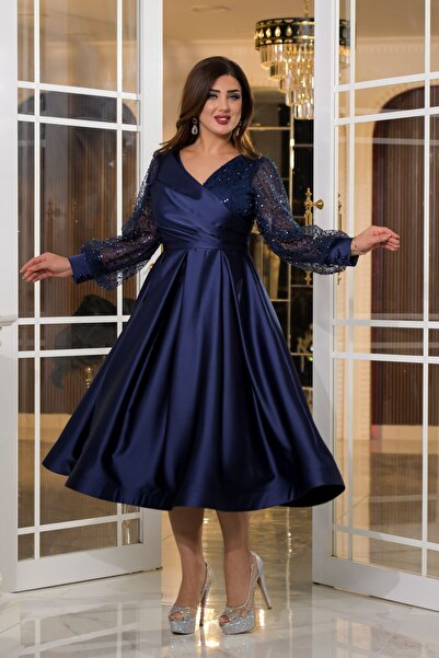 Matik Abiyem Saten İncili Tül Payet Tasarım V Dekolteli Diz Altı Elbise Abiye