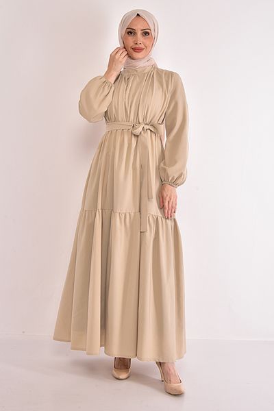 ModaMerve Belted Dress Beige ASM2625
