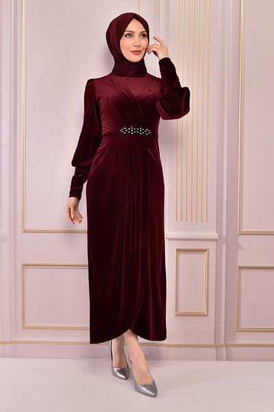 ModaMerve Velvet Dress Claret Red Asm2533