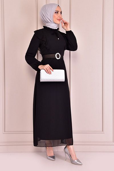 ModaMerve Black Chiffon Belted Dress - Efs12441