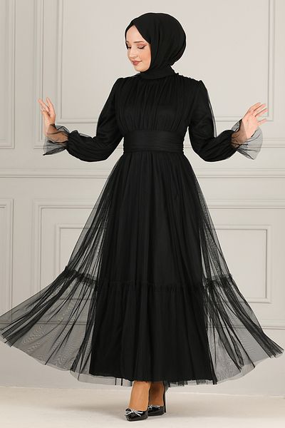 ModaMerve Belted Chiffon Evening Dress END5521 Black