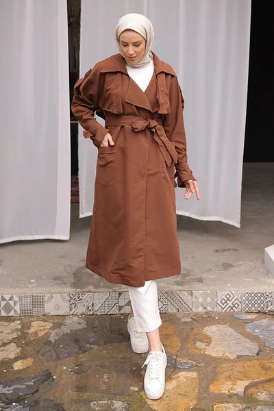 My Blog Cinnamon Colored Shoulder Epaulettes Wide Pocket Long Trench Coat