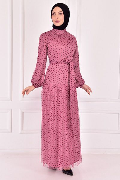 ModaMerve Belted Tulle Dress Dried Rose Asm2444