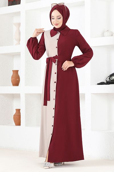 ModaMerve Belted Dress ASM2651 Claret Red