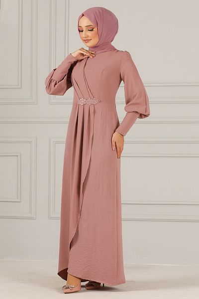 ModaMerve Stone Detail Evening Dress Dark Powder ASM2569