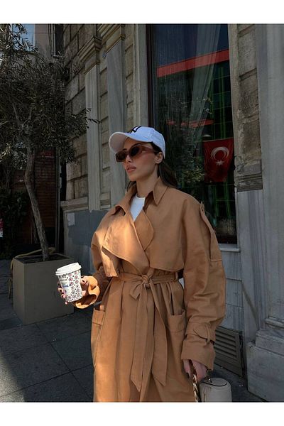 My Blog Langer Trenchcoat mit Zimt-Schulter-Epauletten und großen Taschen