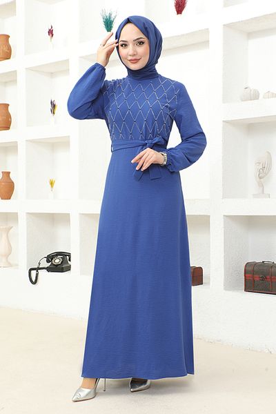 ModaMerve Φόρεμα με φύλλα ASN117 Indigo