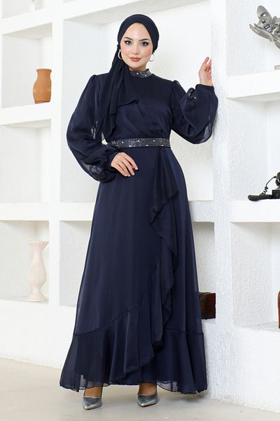 ModaMerve Βραδινό φόρεμα Navy Blue Chiffon - Μοντέλο END5608